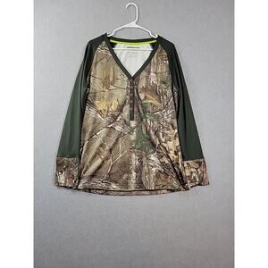 Under Armour Scent Control ColdGear Green Camo LS V Neck Shirt Womens Plus 2XL